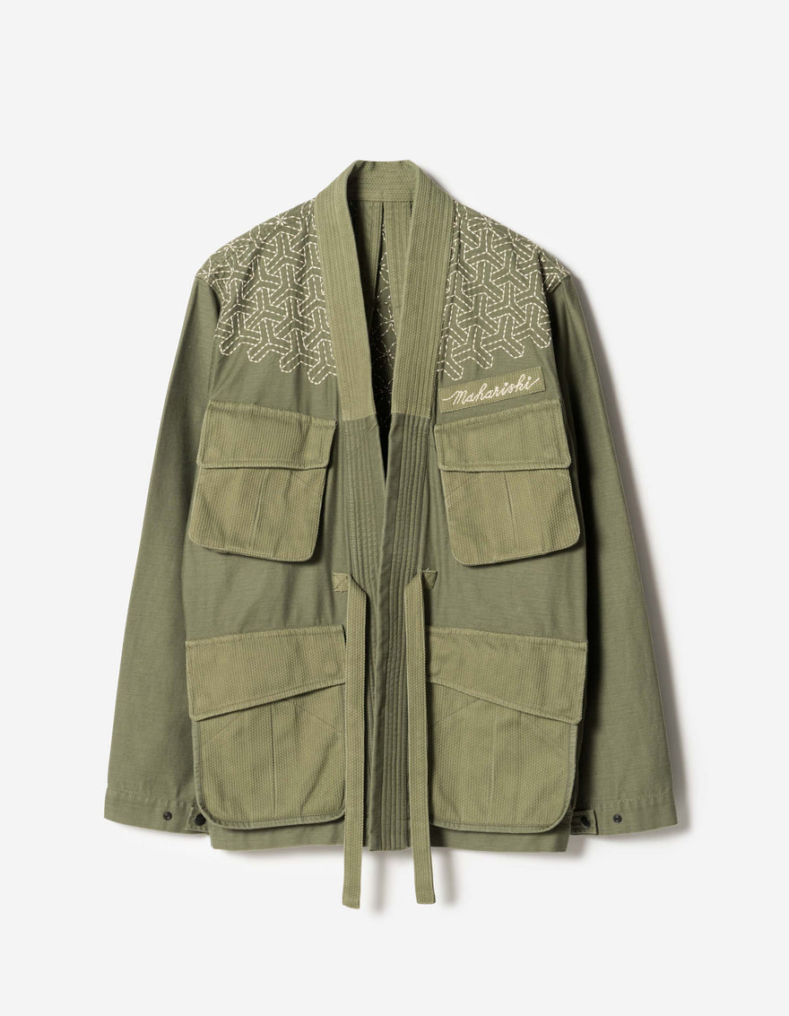 7585 Sashiko Jungle Kimono Olive