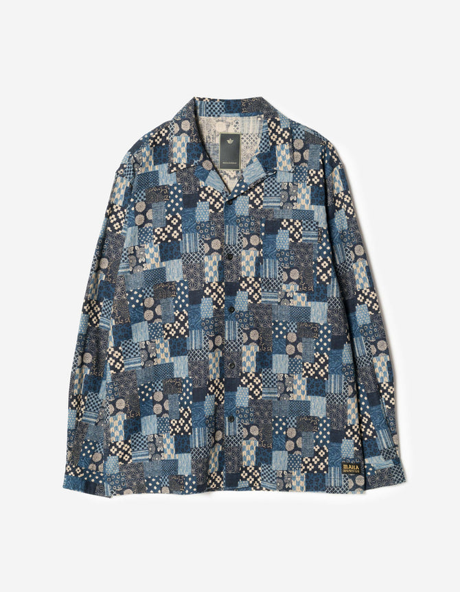 7606 Wagara Cuban Collar Shirt Aizome Navy