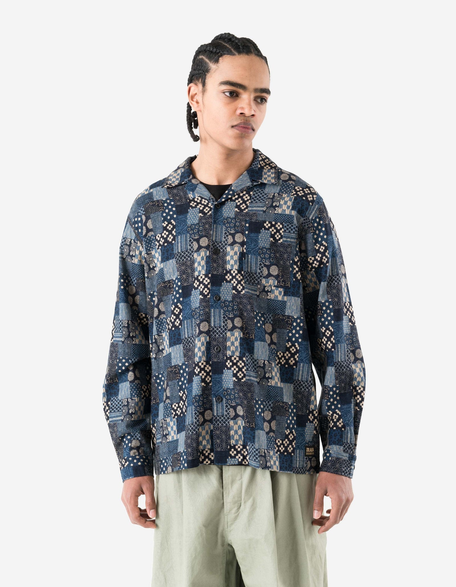 7606 Wagara Cuban Collar Shirt Aizome Navy