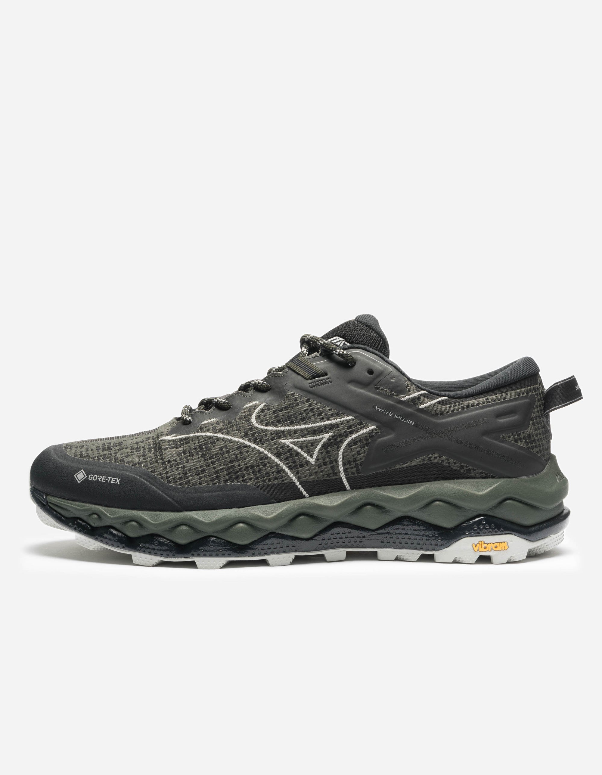 Gray and black running shoe on a white background