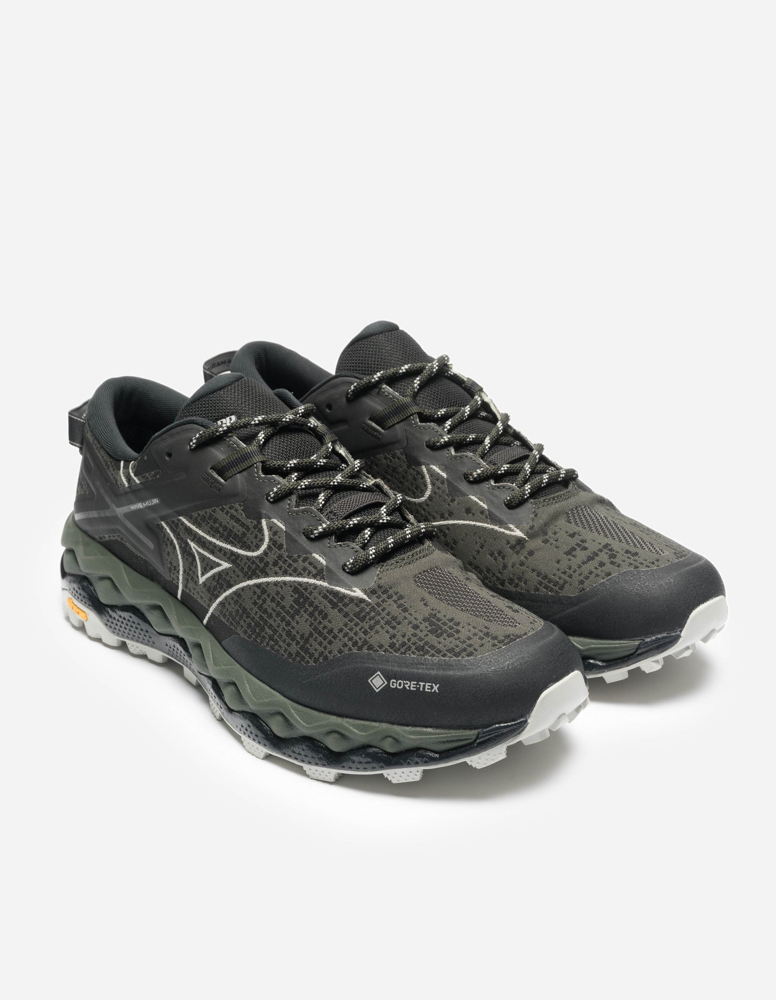 Pair of gray running shoes with GORE-TEX label on a white background