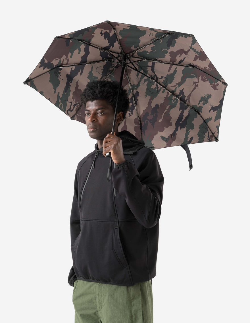 Person holding a camouflage-patterned umbrella against a white background