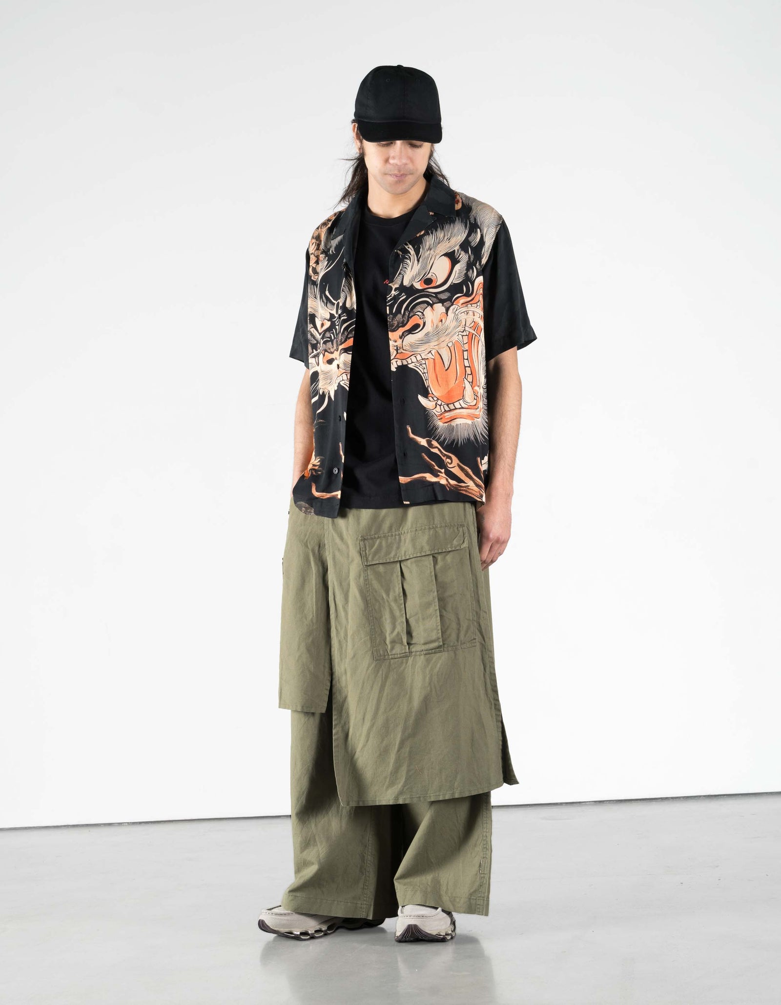 7398 WR Asym Cargo Hakama Pants Olive OG-107F