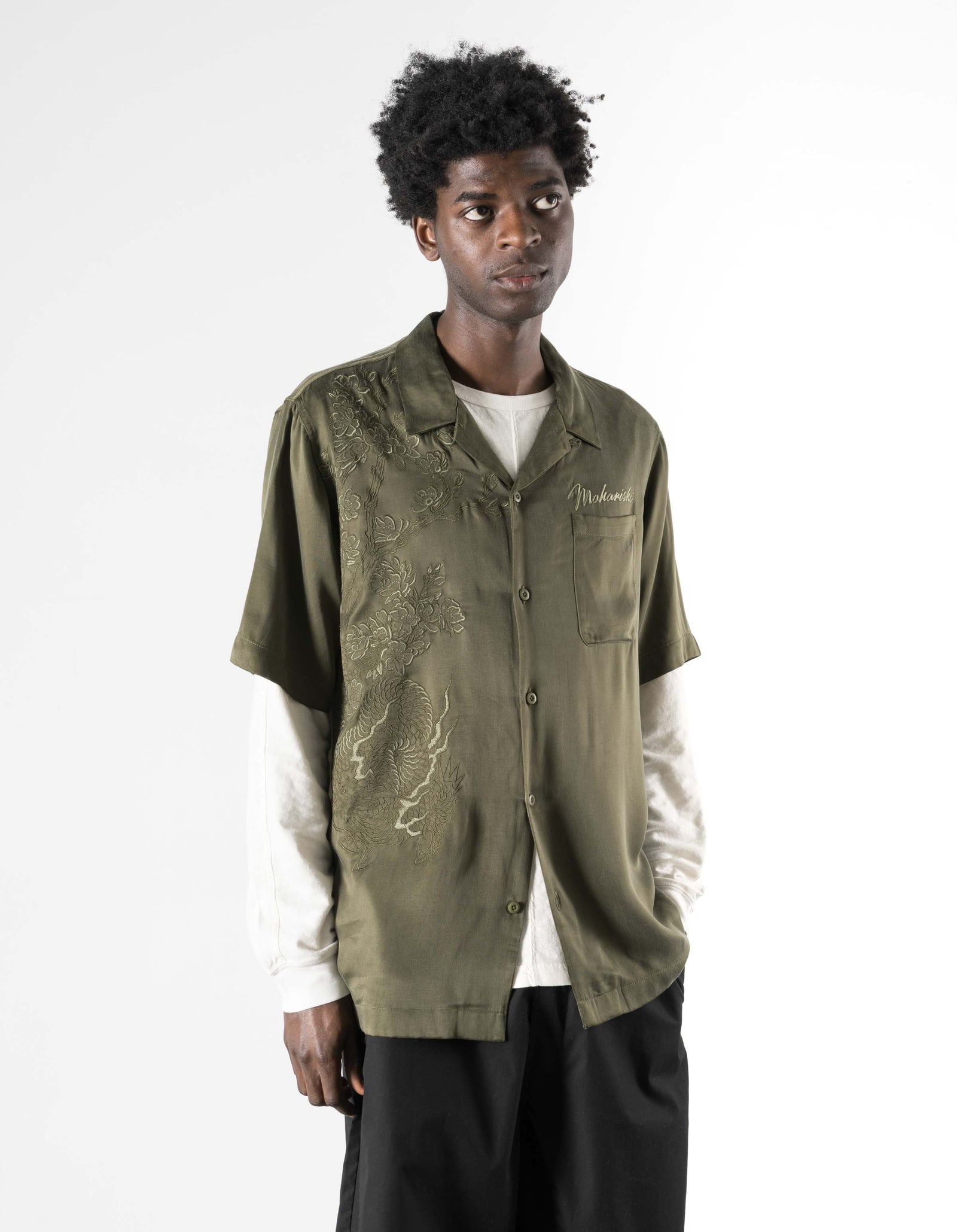 7364 Sakura Dragon Camp Collar Shirt Olive OG-107F